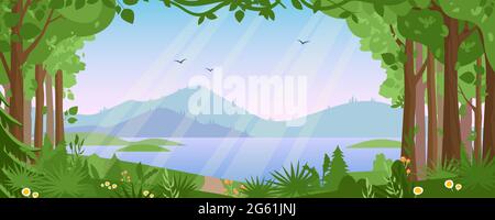 Paysage de montagne avec illustration de vecteur de forêt d'été, dessin animé campagne plat belle nature avec arbres verts, rivière eau de lac, silhouettes Illustration de Vecteur