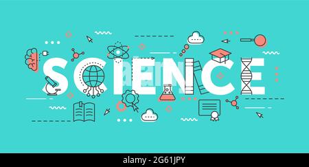 Illustration vectorielle fine de mot scientifique avec connaissances scientifiques et symboles éducatifs de recherche, objets éducatifs d'école, d'université Illustration de Vecteur