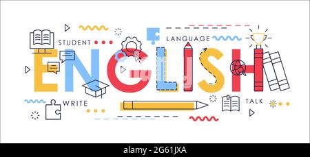 Apprenez l'illustration vectorielle fine en anglais pour la conception d'interface de site Web, le mot anglais plat abstrait avec des éléments éducatifs, la connaissance de l'école Illustration de Vecteur