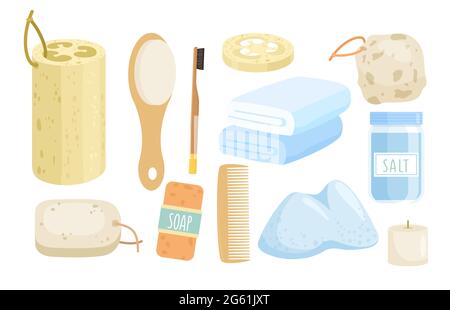 ECO accessoires de bain Vector illustration set, dessin animé plat zéro déchet collection de salle de bain avec peigne en bois ou brosse à dents, éponge loofah, mer naturelle Illustration de Vecteur