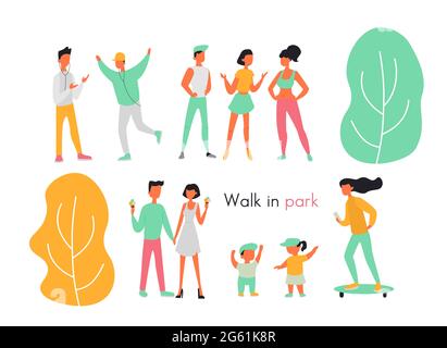 Activités de plein air et promenades dans le parc plat style vectoriel graphique ensemble d'illustration Illustration de Vecteur