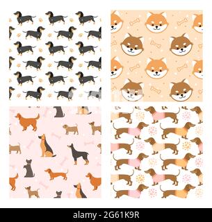 Animaux de compagnie sans couture motif illustrations vectorielles, dessin animé joli fond plat animal avec noir brun doggy ou drôle visage de chiot pour le motif Illustration de Vecteur