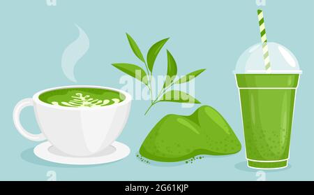 Jeu d'illustrations de vecteur de thé Matcha, poudre verte plate et feuille de dessin animé, délicieux thé à bulles, tasse chaude de matcha latte des icônes isolées de l'Asie Illustration de Vecteur