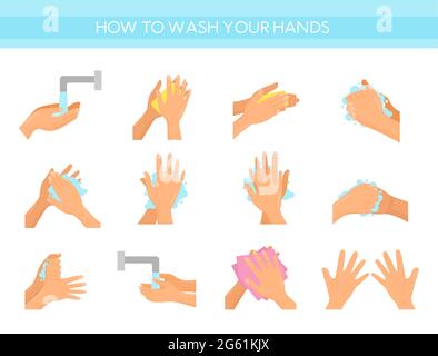 Illustration vectorielle instructions pour se laver les mains. Infographie sur les soins de santé et l'auto-hygiène, toutes les étapes du nettoyage des mains, de la désinfection, de l'antibactérien Illustration de Vecteur