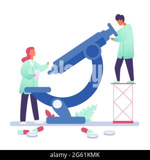 Illustration vectorielle de l'expertise médicale, médecins faisant des vaccins sur du matériel médical. Diagnostic médical, concept du virus Corona sur fond blanc. Illustration de Vecteur