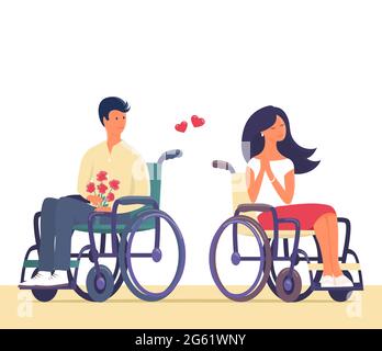 Un jeune couple aimant sur une date. Asseyez-vous en fauteuil roulant. Un homme donne à une fille un bouquet de fleurs. Heureux handicapés. Scénario de dessin animé romantique illustrat Illustration de Vecteur