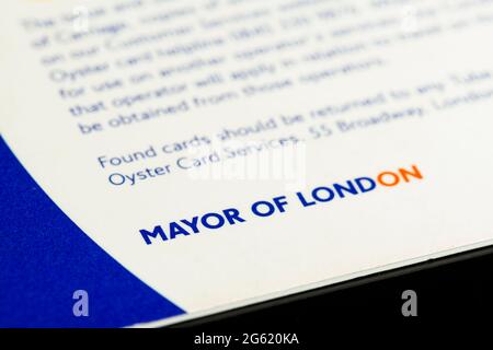 Le maire de Londres écrit sur Oyster Card, Londres, Royaume-Uni Banque D'Images