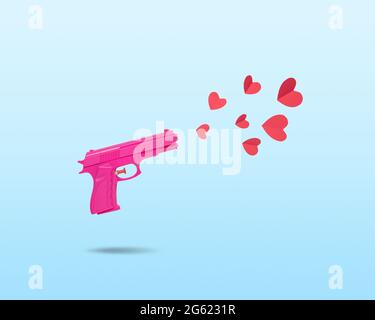 Concept créatif avec un pistolet rose et des coeurs en papier rouge. Un arrière-plan d'amour minimal. Banque D'Images