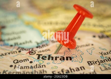 Lieu Téhéran en Iran, carte de voyage avec point de repère de pousser, concept de voyage en Asie Banque D'Images