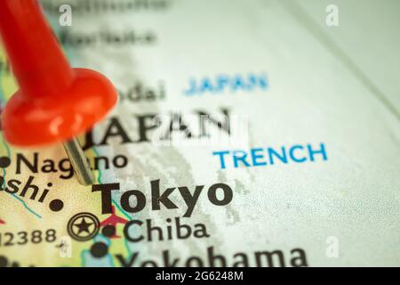 Lieu Tokyo au Japon, carte de voyage avec point de repère de point de poussée, concept de voyage en Asie Banque D'Images