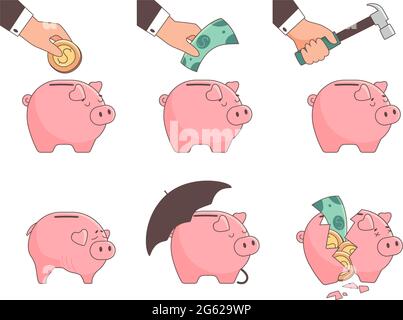 Banque de porc, jeu d'illustrations vectorielles. La banque de piggy est pleine d'argent, elle est écrasée avec un marteau, à l'intérieur il ya des pièces de monnaie, des dollars, une banque de piggy mince vide. Icônes isolées dans un style plat. Illustration de Vecteur
