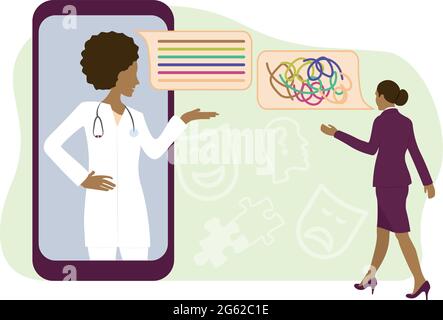 Psychologue assistant patient sur mobile. Concept de thérapie en ligne Illustration de Vecteur