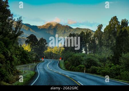 La route sinueuse de la côte ouest à la base des Alpes du Sud à travers le terrain de la forêt tropicale entre le lac Ianthe et la rivière Whataroa Banque D'Images