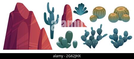 Rochers de montagne et cactus, pierres avec plantes vertes piquées dans le désert. Éléments naturels, nature sauvage de l'ouest flore pour la formation de jeu pc isolé sur fond blanc. Illustration vectorielle de dessin animé, jeu d'icônes Illustration de Vecteur