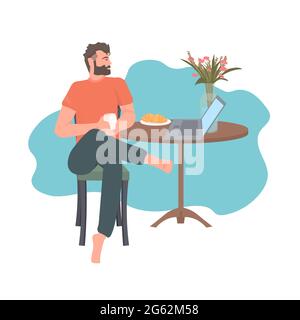 homme indépendant assis sur le lieu de travail buvant du café en utilisant un ordinateur portable coronavirus de quarantaine pandémique Illustration de Vecteur