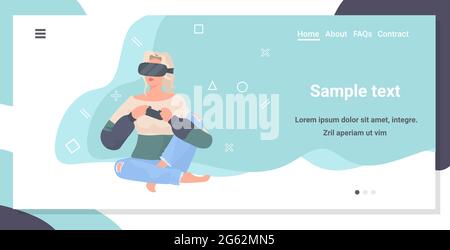 femme portant des lunettes vr en utilisant joystick fille jouant à des jeux vidéo en utilisant des lunettes de réalité virtuelle Illustration de Vecteur
