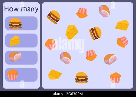 Mini jeu mathématique pour enfants - comptez combien d'aliments - hamburger, fromage, jambon, muffin. Jeux éducatifs pour enfants. Modèle de dessin animé sur fond coloré. Graphique vectoriel. Illustration de Vecteur