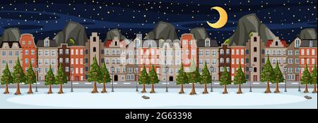 Scène horizontale d'hiver la nuit avec illustration de l'arrière-plan du bâtiment de banlieue Illustration de Vecteur