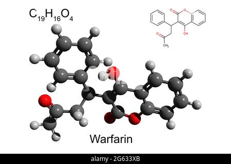 Formule chimique, formule squelettique et modèle 3D de la warfarine, un anticoagulant Banque D'Images