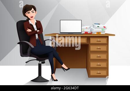 Motif boss vector femme d'affaires. Personnage de femme d'affaires dans une posture assise et un geste avec chaise, bureau et élément d'ordinateur portable pour le dessin animé de directeur de travail. Illustration de Vecteur