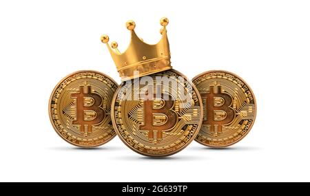 Bitcoin avec couronne dorée. Concept de roi de crypto-monnaie. Rendu 3D Banque D'Images