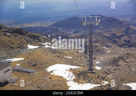 Vue panoramique sur le mont Ruapehu prise de la télécabine Sky Waka, la plus récente et la plus longue gondole de Nouvelle-Zélande à travers la station de ski de Whakapapa sur le mont Ruapehu. Banque D'Images