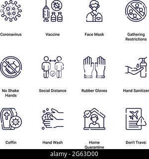 Icônes vectorielles modifiables pour des conseils pratiques sur la prévention de la contamination par le coronavirus COVID19. Icônes incluses symptômes, transmission. Illustration de Vecteur