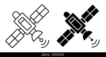 Icône linéaire. Vol satellite et transmission du signal de communication. Communication par satellite et navigation GPS. Vecteur noir et blanc simple Illustration de Vecteur