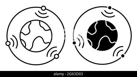 Icône linéaire. Les satellites tournent en orbite autour de la planète Terre et transmettent le signal de communication. Communication par satellite et navigation GPS. Noir simple a Illustration de Vecteur