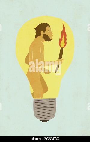 Évolution de l'humanité illustration conceptuelle - Caveman avec une torche marchant à l'intérieur d'une ampoule moderne Banque D'Images