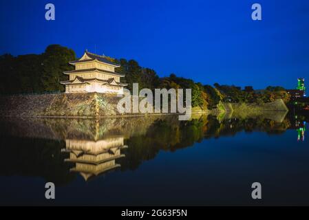 Nord-Ouest de la tourelle et douve du château de Nagoya à Nagoya, au Japon, la nuit Banque D'Images