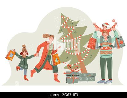 La famille avec les enfants se prépare pour les fêtes de Noël. Les parents et les enfants vont faire du shopping de Noël, illustration vectorielle de dessin animé isolée sur whi Illustration de Vecteur