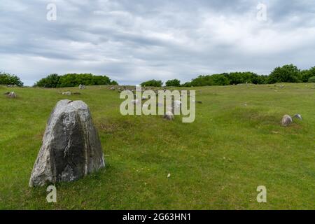 Vue sur le terrain du site funéraire Viking de Lindholm Hills, dans le nord du Danemark Banque D'Images