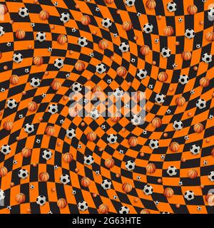 Motif créatif de balles de football et de basket-ball colorées sur fond noir orange. Art contemporain, pose à plat Banque D'Images