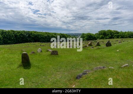 Vue sur le terrain du site funéraire Viking de Lindholm Hills, dans le nord du Danemark Banque D'Images