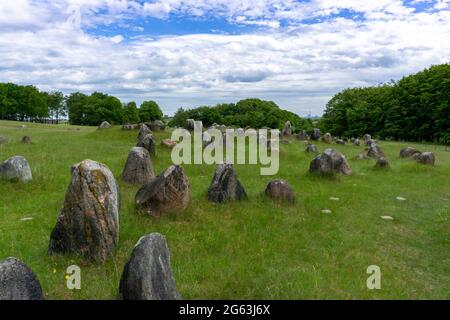 Vue sur le terrain du site funéraire Viking de Lindholm Hills, dans le nord du Danemark Banque D'Images