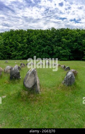 Une vue verticale des lieux de sépulture viking à Lindholm Hills sous un sk bleu avec des nuages blancs Banque D'Images