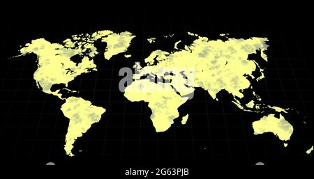 Carte du monde gris passant à la plupart du temps jaune sur fond noir Banque D'Images