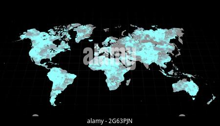 La carte du monde gris devient généralement bleue sur fond noir Banque D'Images