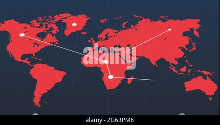 Carte du monde rouge avec réseau blanc en mouvement de points connectés sur fond gris foncé Banque D'Images