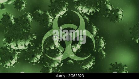 Image d'un signe de danger pour la santé au-dessus des cellules du coronavirus flottant dans un liquide 4k Banque D'Images