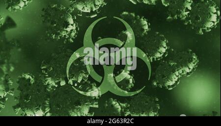 Image d'un signe de danger pour la santé au-dessus des cellules du coronavirus flottant dans un liquide 4k Banque D'Images