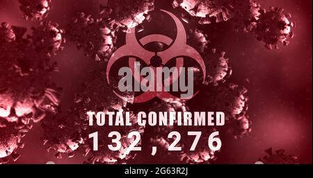 Image d'un signe de danger pour la santé au-dessus des cellules du coronavirus flottant dans un liquide 4k Banque D'Images