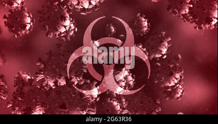 Image d'un signe de danger pour la santé au-dessus des cellules du coronavirus flottant dans un liquide 4k Banque D'Images