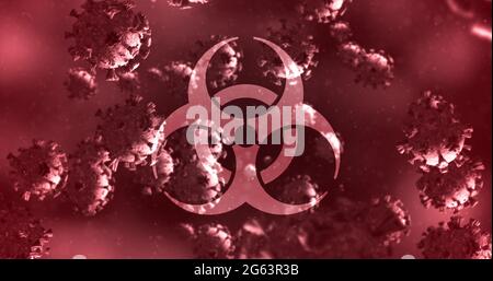 Image d'un signe de danger pour la santé au-dessus des cellules du coronavirus flottant dans un liquide 4k Banque D'Images