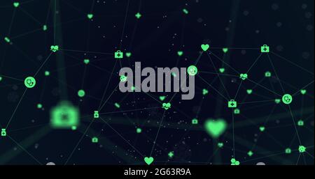 Illustration de l'interface numérique et du réseau de connexions avec des icônes vertes sur fond noir Banque D'Images