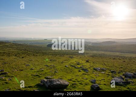 Vue sur Harford Moor depuis Hangershell Rock avec Plymouth Sound au loin Banque D'Images