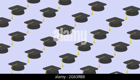 Composition de plusieurs chapeaux de remise des diplômes sur fond bleu Banque D'Images