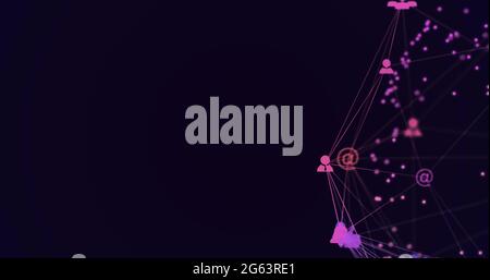 Image de l'interface numérique et du réseau de connexions avec les icônes roses de réseautage social sur le purpl Banque D'Images