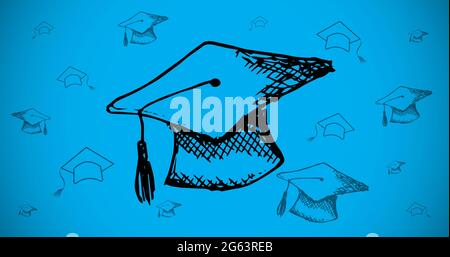 Image des chapeaux de l'université de l'université à la main dessinés à la main et à contour noir se déplaçant sur fond bleu Banque D'Images